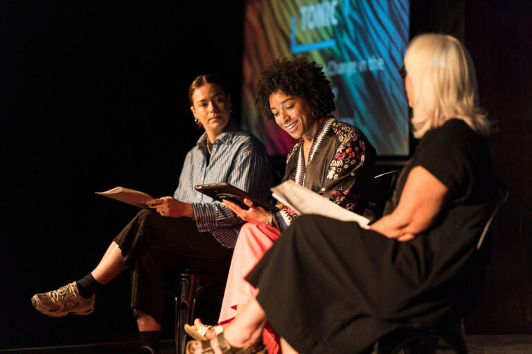 Actors reading testimonies on stage at the event Menopause: The Change in the Industry, July 2023.